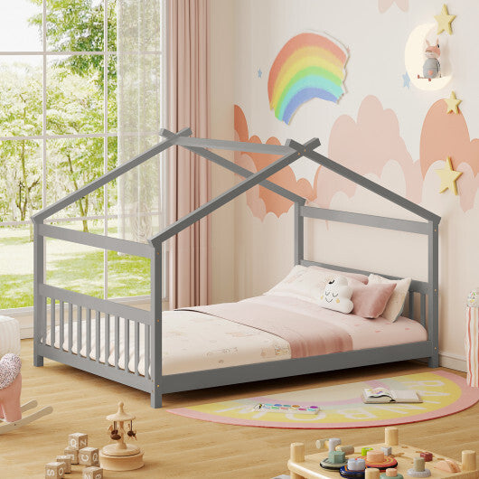 Full Size House Bed Montessori Floor Bed with Headboard-Gray