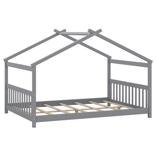 Full Size House Bed Montessori Floor Bed with Headboard-Gray