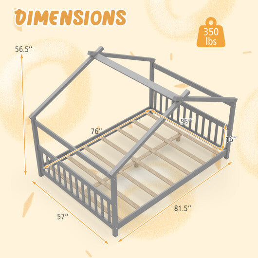 Full Size House Bed Montessori Floor Bed with Headboard-Gray