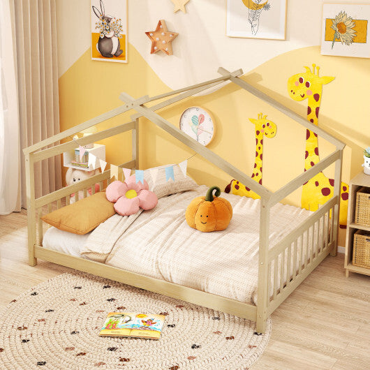 Full Size House Bed Montessori Floor Bed with Headboard-Gray