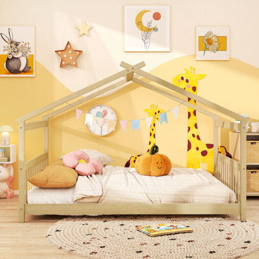 Full Size House Bed Montessori Floor Bed with Headboard-Gray