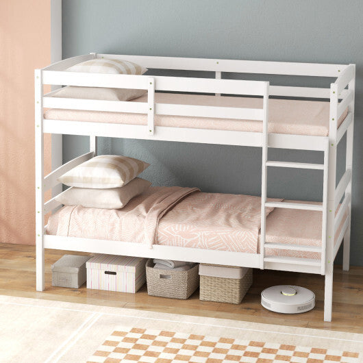 Solid Wood Twin Over Twin Bunk Bed Frame with High Guardrails and Integrated Ladder-Espresso
