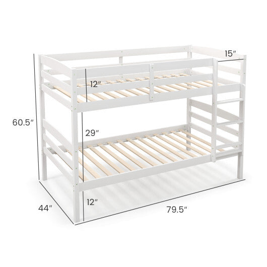 Solid Wood Twin Over Twin Bunk Bed Frame with High Guardrails and Integrated Ladder-Espresso