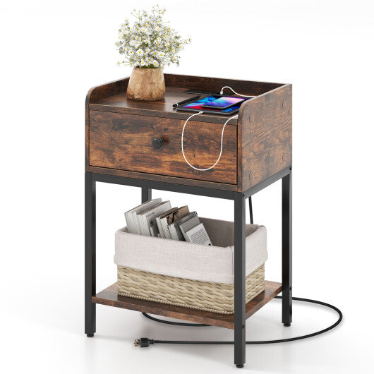 Industrial Bedside Table Nightstand with Charging Station-Rustic Brown W2B