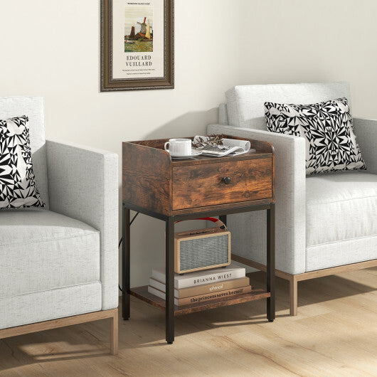 Industrial Bedside Table Nightstand with Charging Station-Rustic Brown W2B