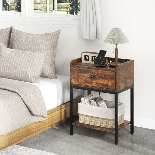 Industrial Bedside Table Nightstand with Charging Station-Rustic Brown W2B