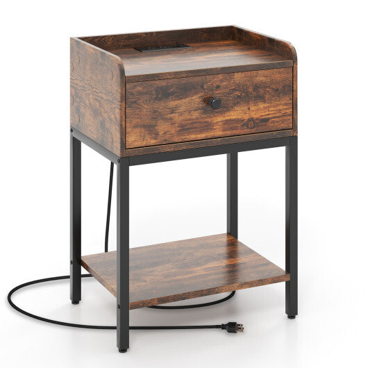 Industrial Bedside Table Nightstand with Charging Station-Rustic Brown W2B
