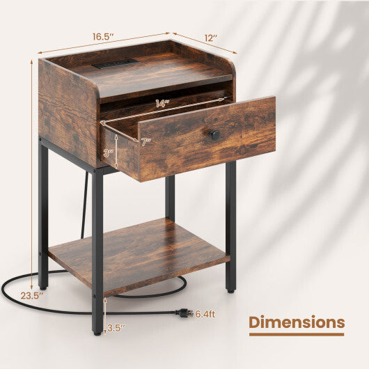 Industrial Bedside Table Nightstand with Charging Station-Rustic Brown W2B