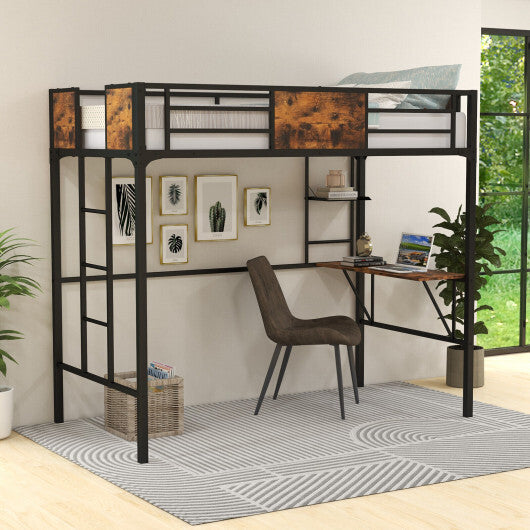 Twin Size Industrial Metal Loft Bed with Desk Storage Shelf and Build-in Ladder-Twin Size