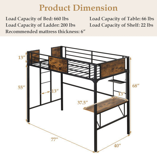 Twin Size Industrial Metal Loft Bed with Desk Storage Shelf and Build-in Ladder-Twin Size