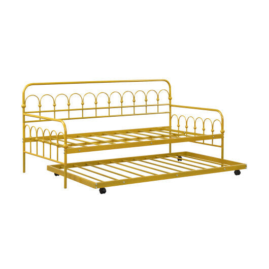 Twin Size Golden Metal Daybed with Trundle and Lockable Wheels-Twin Size