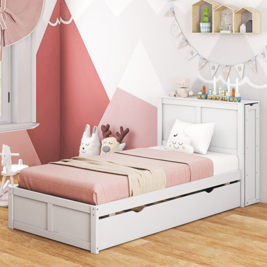 Twin/Full Kids Wooden Platform Bed with Trundle Storage Headboard-Full Size