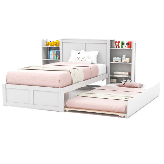 Twin/Full Kids Wooden Platform Bed with Trundle Storage Headboard-Full Size
