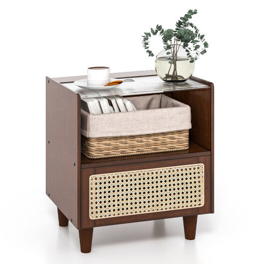 Bamboo Rattan Nightstand with Drawer and Solid Wood Legs-Natural