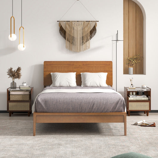 Bamboo Rattan Nightstand with Drawer and Solid Wood Legs-Natural