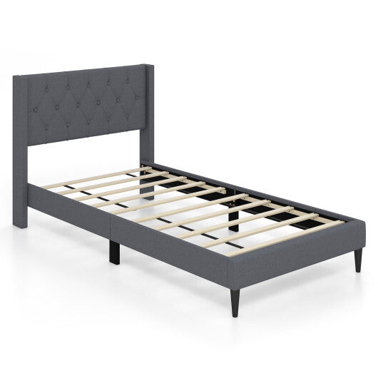 Twin Size Upholstered Platform Bed with Button Tufted Wingback Headboard-Gray W2B