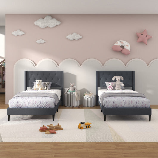 Twin Size Upholstered Platform Bed with Button Tufted Wingback Headboard-Gray W2B
