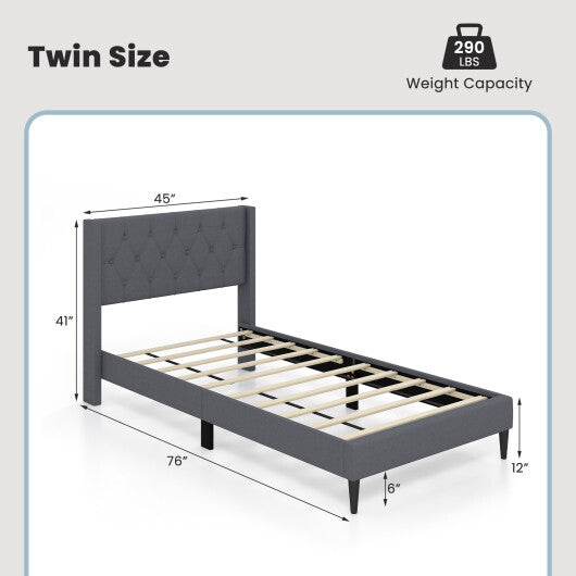 Twin Size Upholstered Platform Bed with Button Tufted Wingback Headboard-Gray W2B