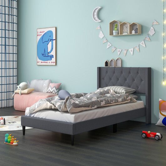 Twin Size Upholstered Platform Bed with Button Tufted Wingback Headboard-Gray W2B