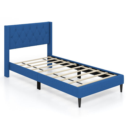 Twin Size Upholstered Platform Bed with Button Tufted Wingback Headboard-Gray W2B