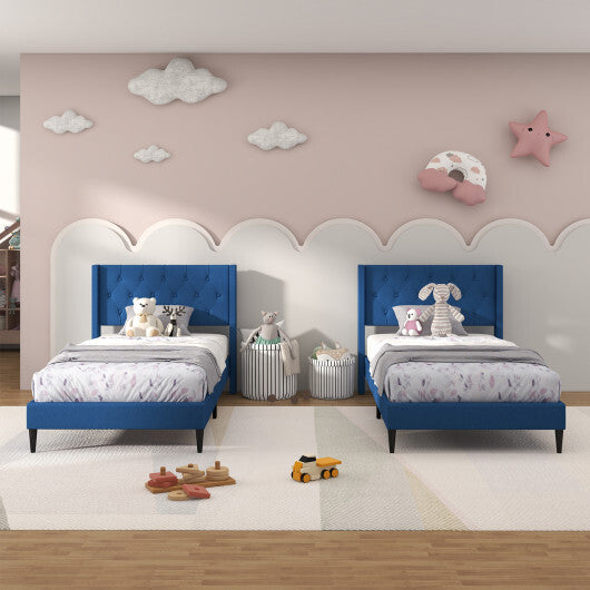 Twin Size Upholstered Platform Bed with Button Tufted Wingback Headboard-Gray W2B