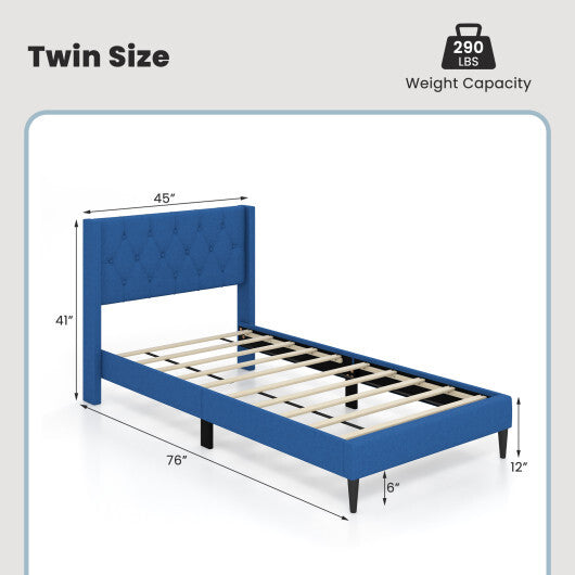 Twin Size Upholstered Platform Bed with Button Tufted Wingback Headboard-Gray W2B