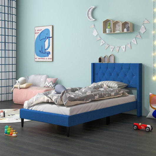Twin Size Upholstered Platform Bed with Button Tufted Wingback Headboard-Gray W2B