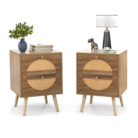 Set of 2 Rattan Nightstand with 2 Drawers and Solid Wood Legs-Natual W2B