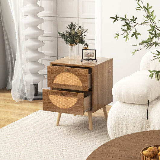 Set of 2 Rattan Nightstand with 2 Drawers and Solid Wood Legs-Natual W2B