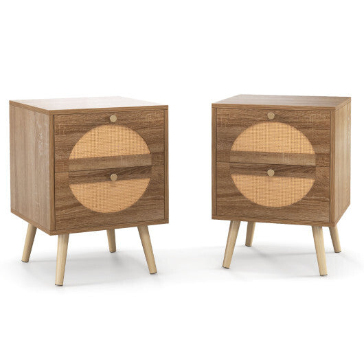 Set of 2 Rattan Nightstand with 2 Drawers and Solid Wood Legs-Natual W2B