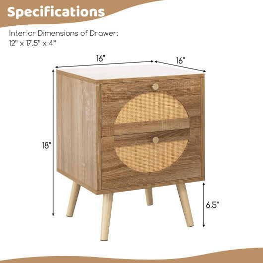 Set of 2 Rattan Nightstand with 2 Drawers and Solid Wood Legs-Natual W2B