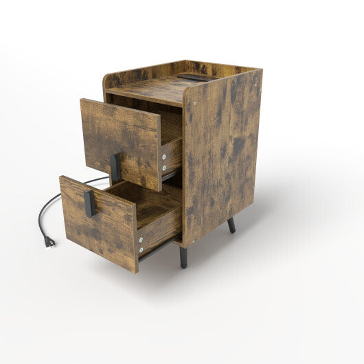 Nightstand Side Tables with 2 Drawers and 2 USB Ports-Rustic Brown W2B