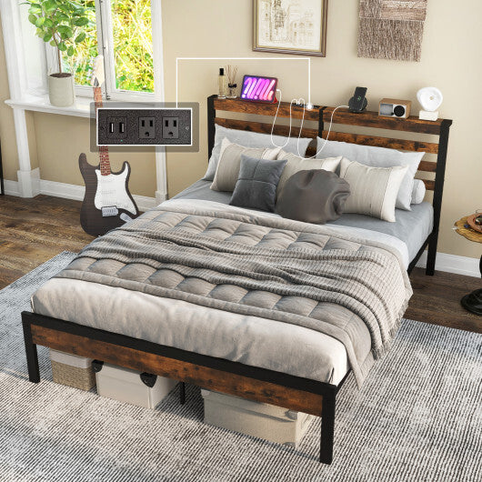 Full/Queen Size Bed Frame with Charging Station and Storage Headboard-Queen Size W2B