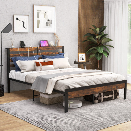 Full/Queen Size Bed Frame with Charging Station and Storage Headboard-Queen Size W2B
