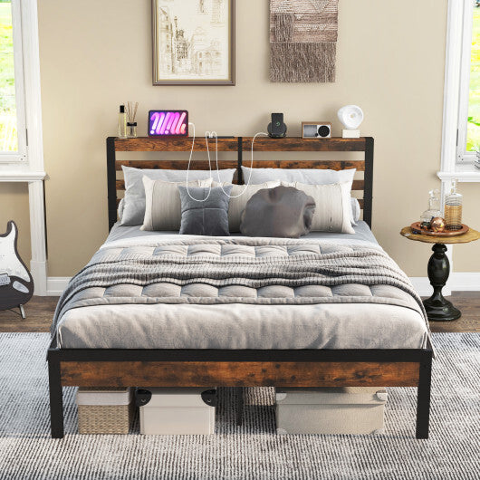 Full/Queen Size Bed Frame with Charging Station and Storage Headboard-Queen Size W2B