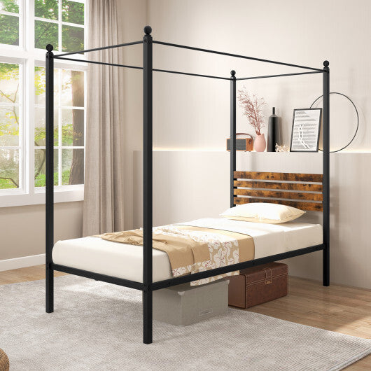Queen Size Canopy Bed Frame with Under Bed Storage-Twin Size W2B