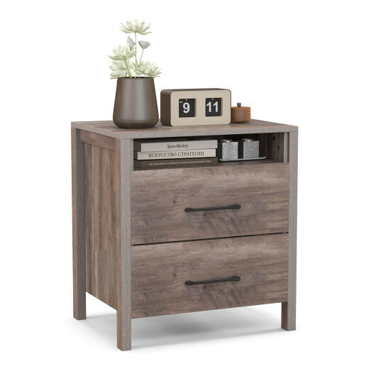 Nightstand with 2 Drawers Farmhouse Bed Side Table with Open Storage Shelf-Grey W2B