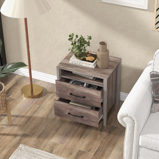 Nightstand with 2 Drawers Farmhouse Bed Side Table with Open Storage Shelf-Grey W2B