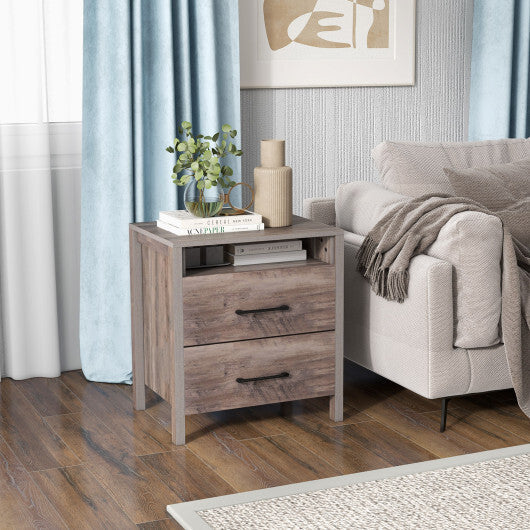 Nightstand with 2 Drawers Farmhouse Bed Side Table with Open Storage Shelf-Grey W2B
