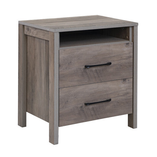 Nightstand with 2 Drawers Farmhouse Bed Side Table with Open Storage Shelf-Grey W2B