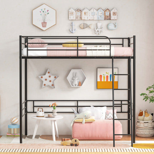 Twin Metal Loft Bed Frame with Ladder and Metal Slats Support-Black