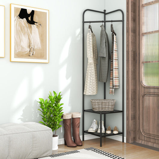 Corner Coat Rack with Top Hanger and 2 Mesh Shelves for Entryway Hallway Living Room Bedroom-Golden