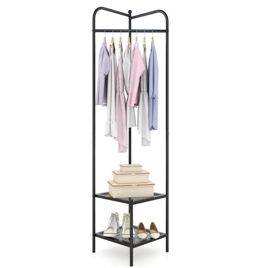 Corner Coat Rack with Top Hanger and 2 Mesh Shelves for Entryway Hallway Living Room Bedroom-Golden