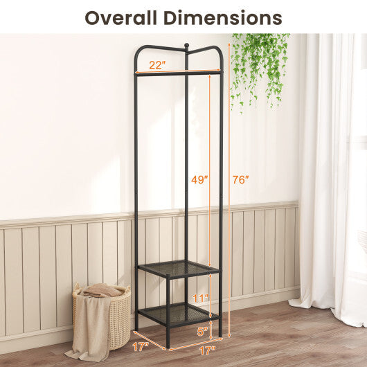 Corner Coat Rack with Top Hanger and 2 Mesh Shelves for Entryway Hallway Living Room Bedroom-Golden