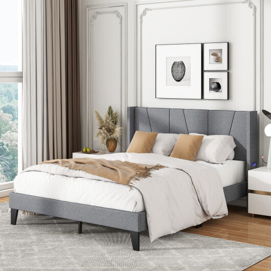 Full/Queen Size Bed Frame with Wingback Headboard and Wood Slat Support-Queen Size W2B