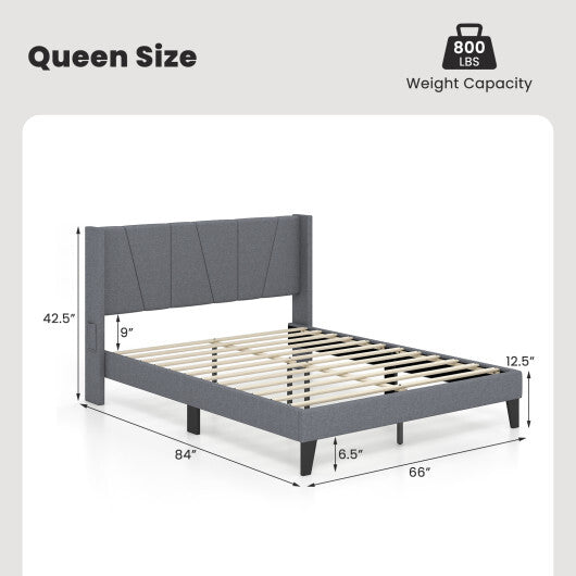 Full/Queen Size Bed Frame with Wingback Headboard and Wood Slat Support-Queen Size W2B