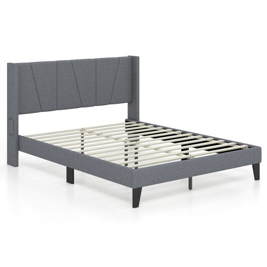 Full/Queen Size Bed Frame with Wingback Headboard and Wood Slat Support-Queen Size W2B