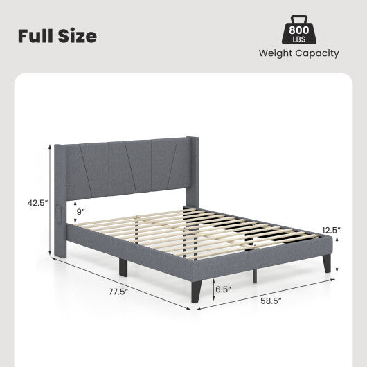Full/Queen Size Bed Frame with Wingback Headboard and Wood Slat Support-Queen Size W2B