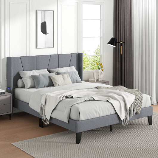 Full/Queen Size Bed Frame with Wingback Headboard and Wood Slat Support-Queen Size W2B