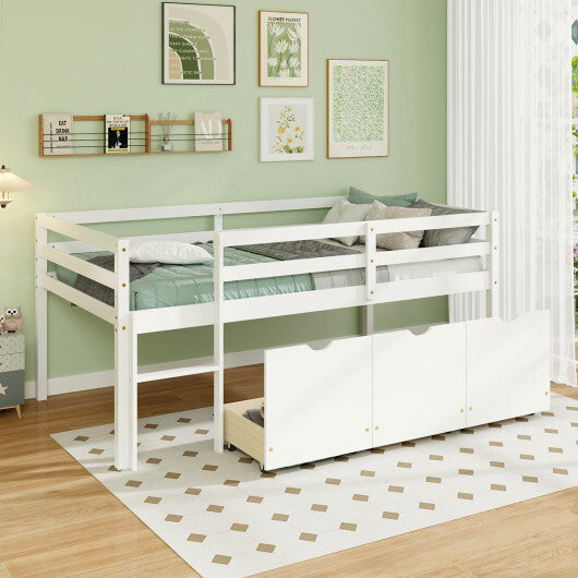 Twin Size Low Loft Bed with 3 Drawers with Ladder and Full-length Guardrails-Gray
